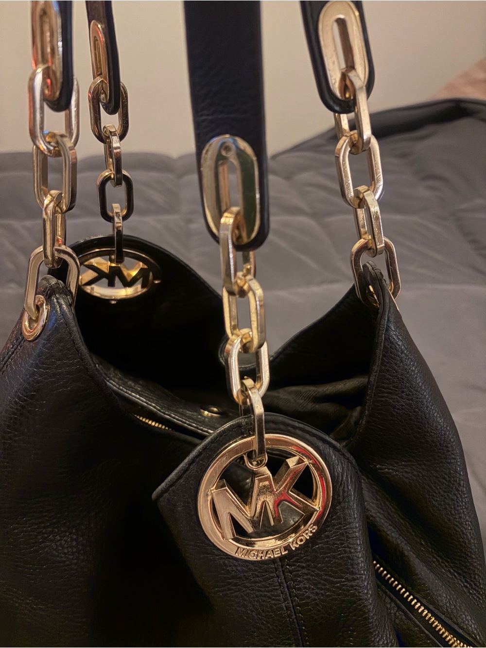 Michael Kors Black Leather Shoulder Tote with Gold Chain Accents